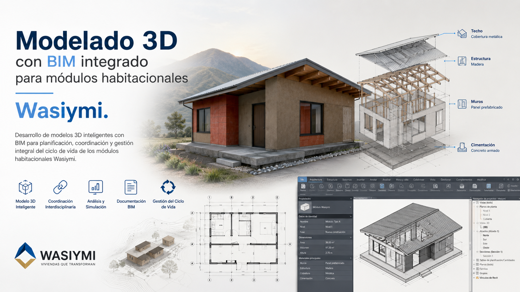 Modelado 3D con BIM integrado para módulos habitacionales Wasiymi